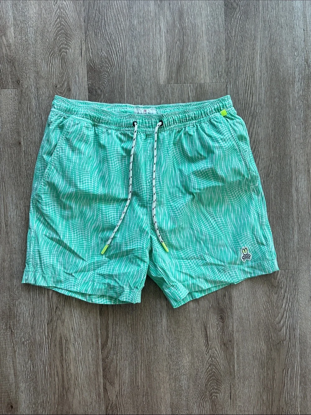 Psycho Bunny Wavy Print Swim Trunks Green & White Small Beach Summer